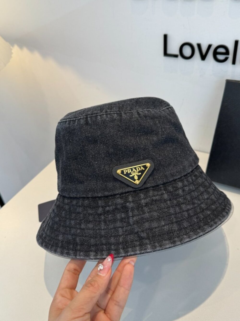 Prada Vintage Washed Denim Bucket Hat with Metal Triangle Logo